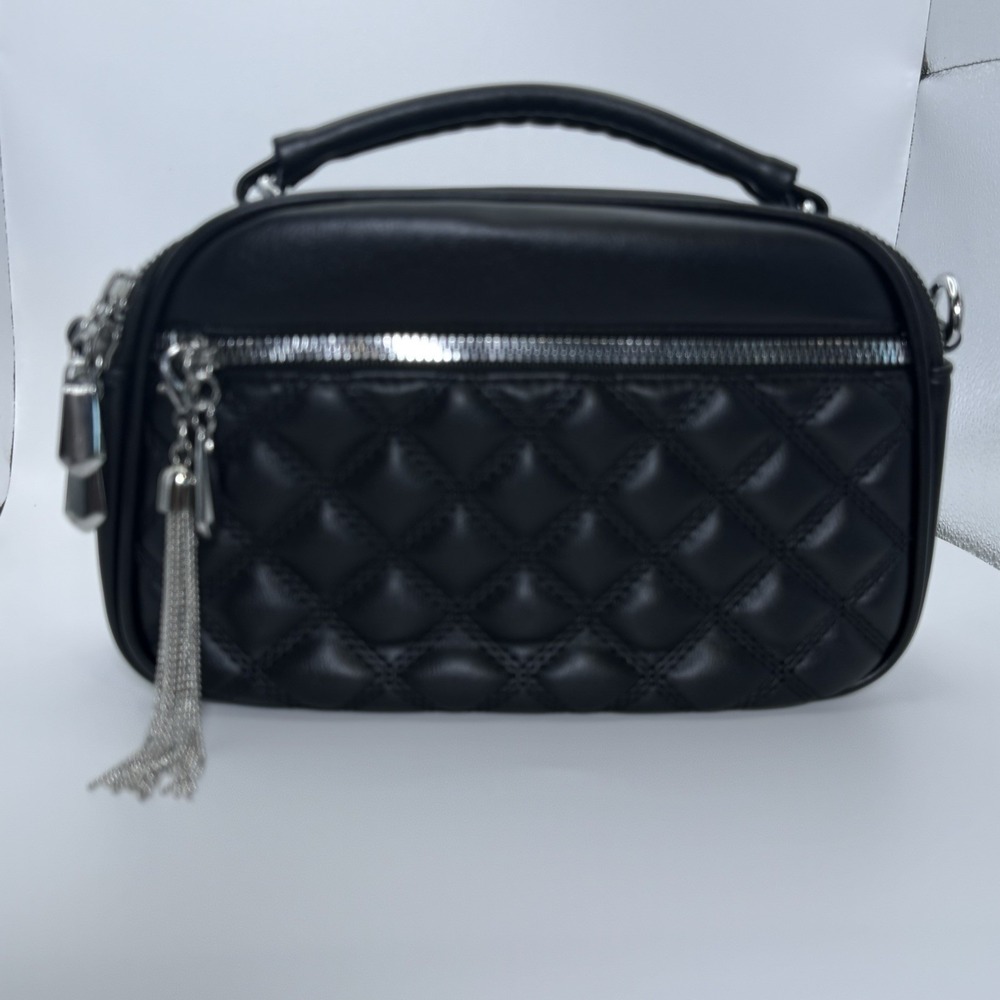 Black Quilted Crossbody Bag with Silver Tassel‎ & Strap | Multi-Compartment